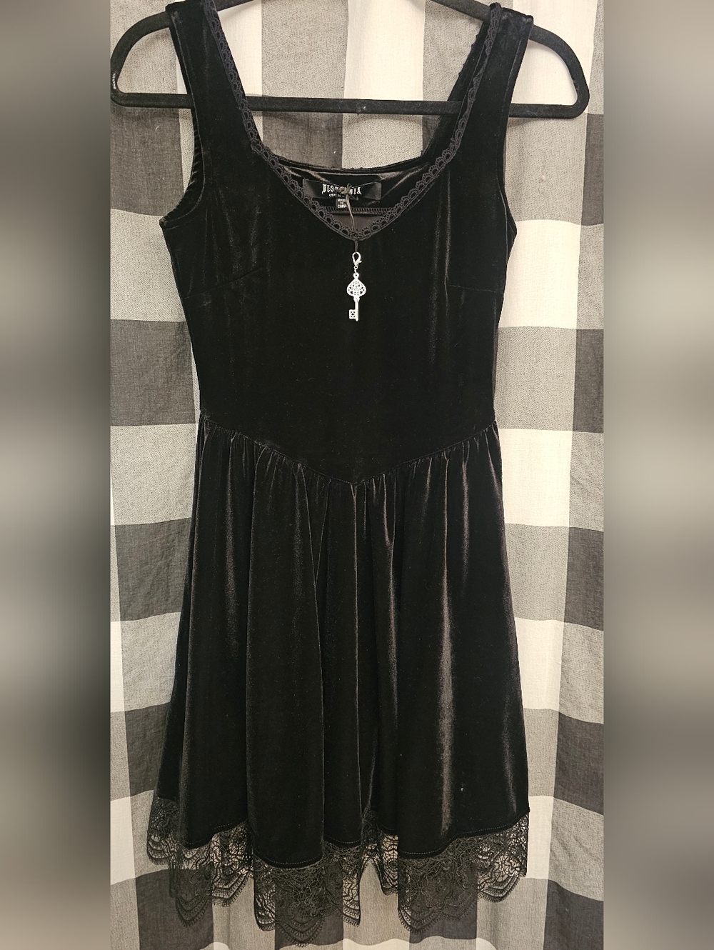 Disturbia Whimsigoth Black Velvet Midi Dress with Lace Hem and Key Charm Size 4